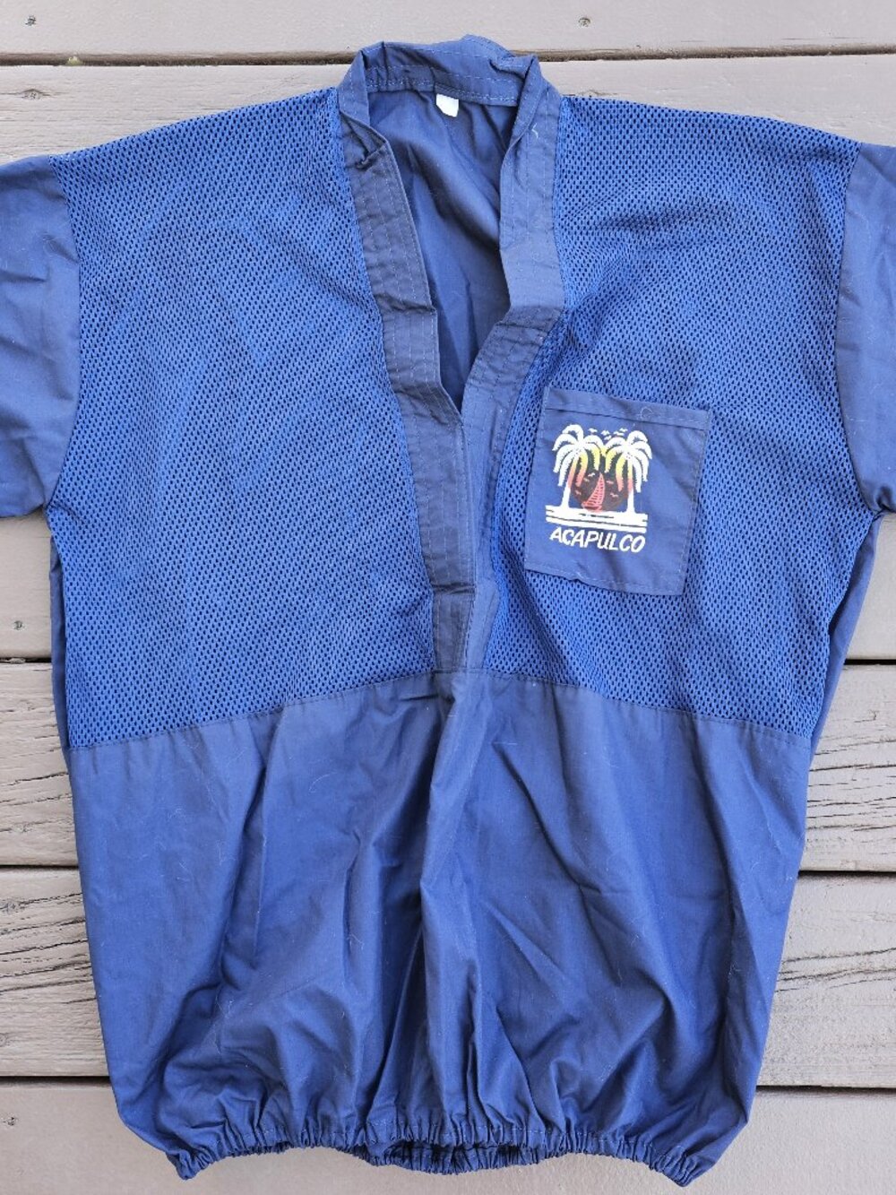Vintage Men's Blue Mesh Acapulco Resort Shirt with Banded Waist - Size L